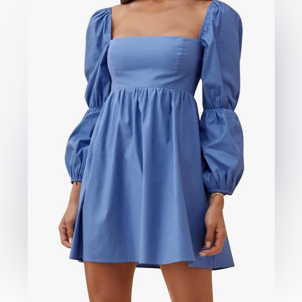 EXLURA Womens Square Neck Dress Long Puff Sleeve A-Line Casual Short Mini Dress